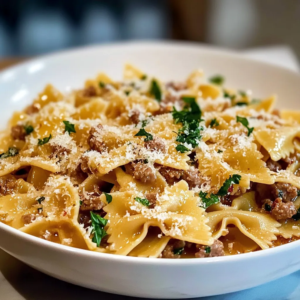 Garlic Butter Bowtie Pasta with Ground Beef Savory
