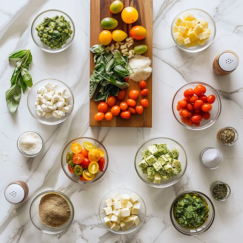 Rich Caprese Pasta Salad with Avocado Pesto Dressing ingredients