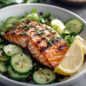 Citrusy Lemon Dill Grilled Salmon + Cucumber Salad