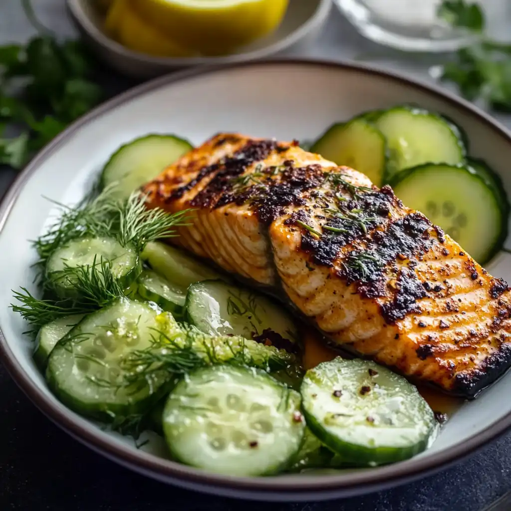 Citrusy Lemon Dill Grilled Salmon + Cucumber Salad