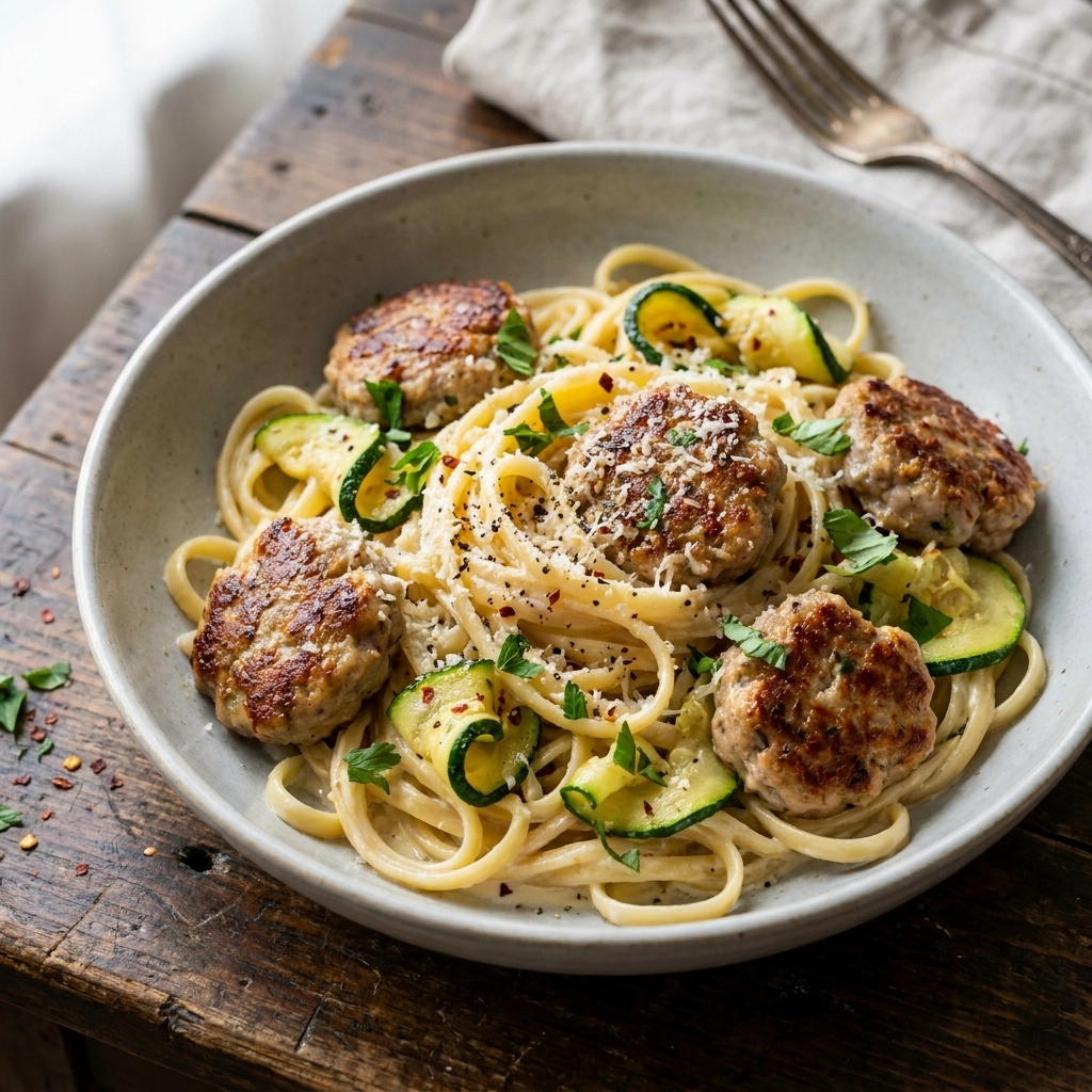 Creamy One-Pan Zucchini and Sausage Pasta Recipe: Easy Garlic Parmesan Dinner | Quick