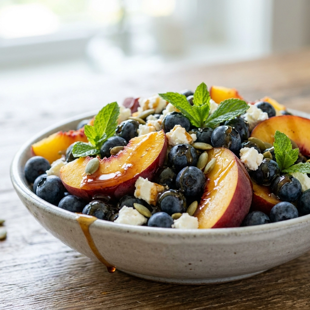 Smoky Honey Glazed Blueberry Peach Feta Salad | Summer Fruit Salad Recipe