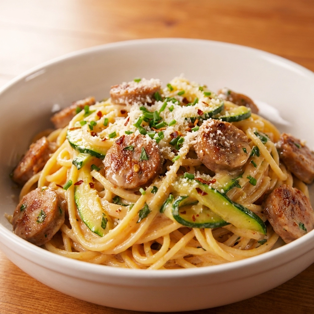 Creamy One-Pan Zucchini and Sausage Pasta Recipe: Easy Garlic Parmesan Dinner | Quick