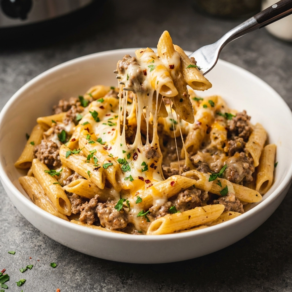 Creamy Slow Cooker Garlic Beef Pasta Recipe for Easy Cozy Crockpot Dinners | Comfort Food