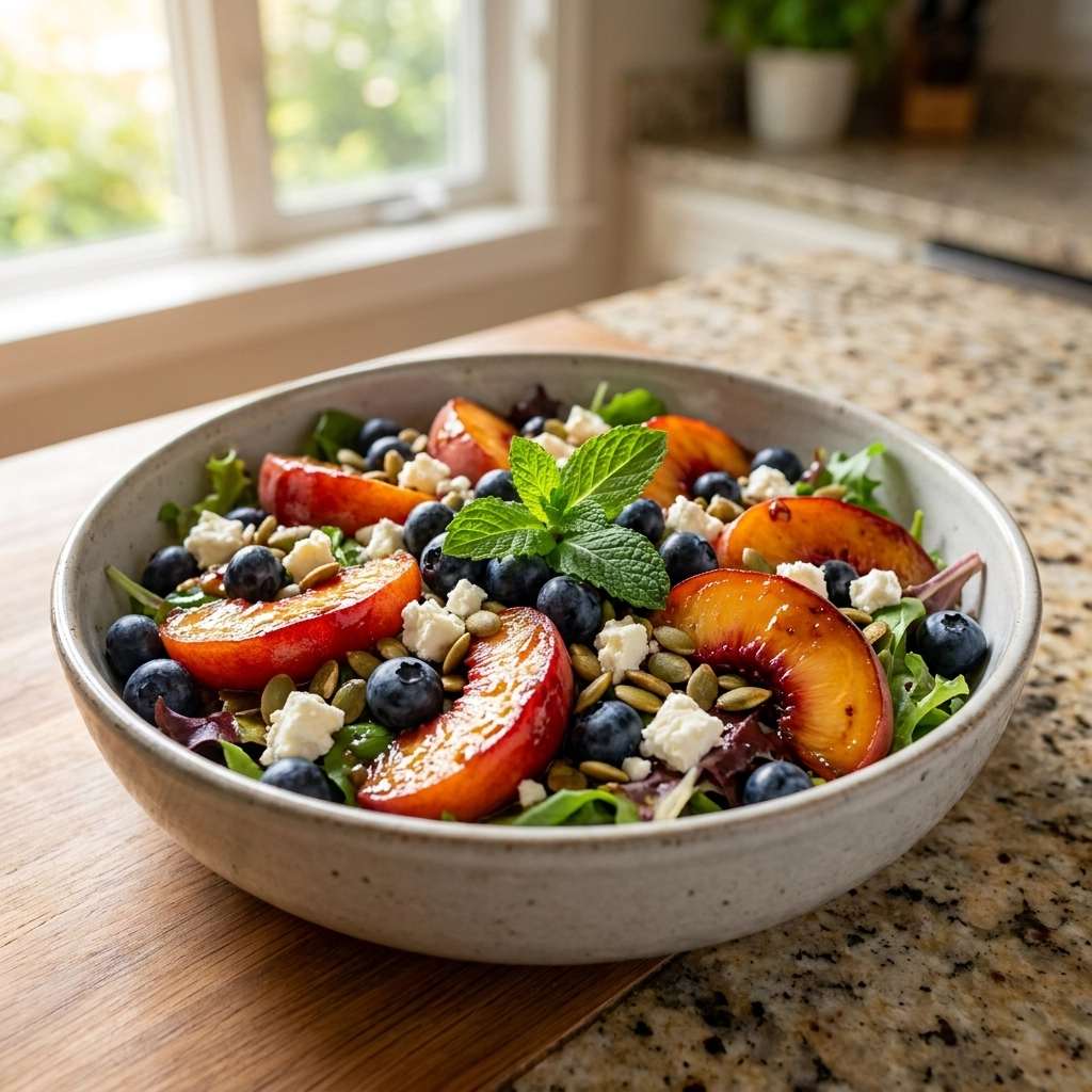 Smoky Honey Glazed Blueberry Peach Feta Salad | Summer Fruit Salad Recipe