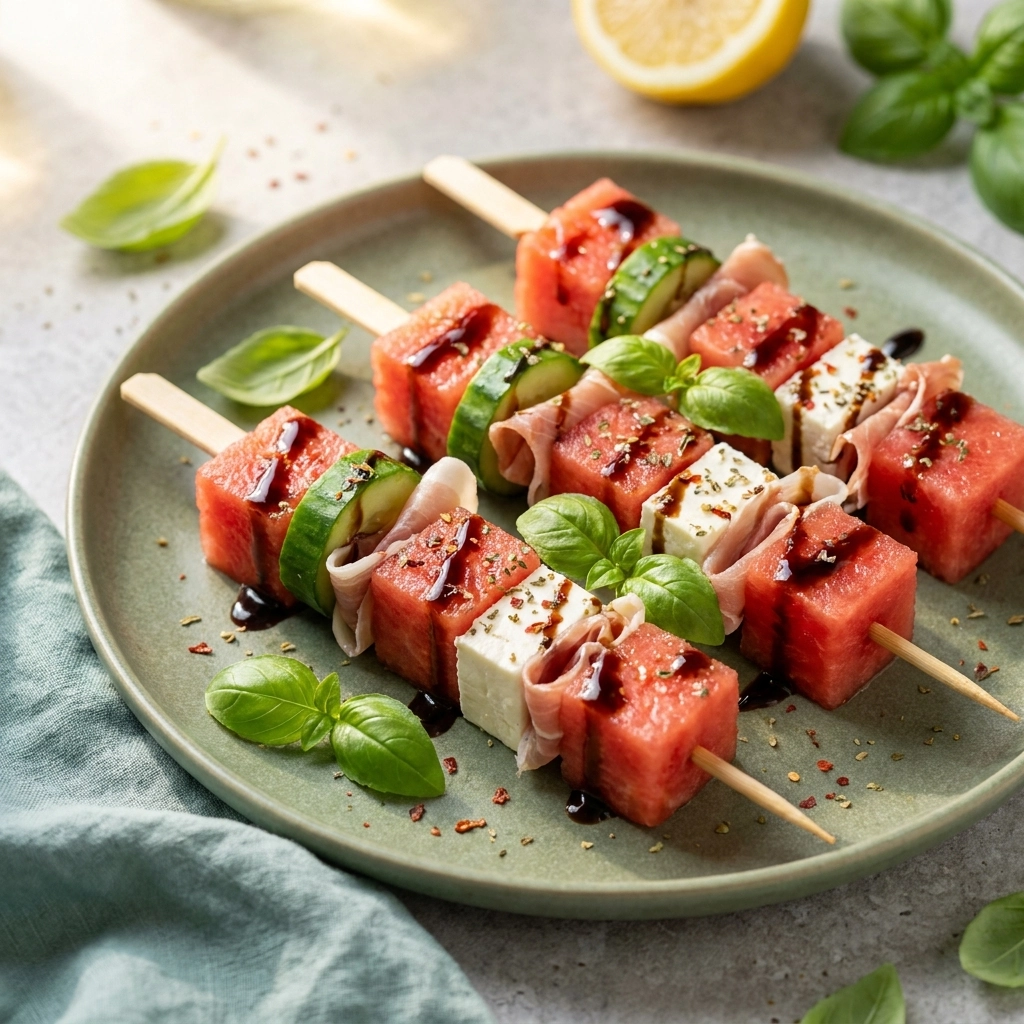 Salty and Sweet Watermelon Feta Skewers with Balsamic Glaze | Easy Summer Appetizer