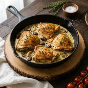 Herb Roasted Chicken in Creamy White Sauce with Mushrooms and Potatoes | Easy One Pan Dinner