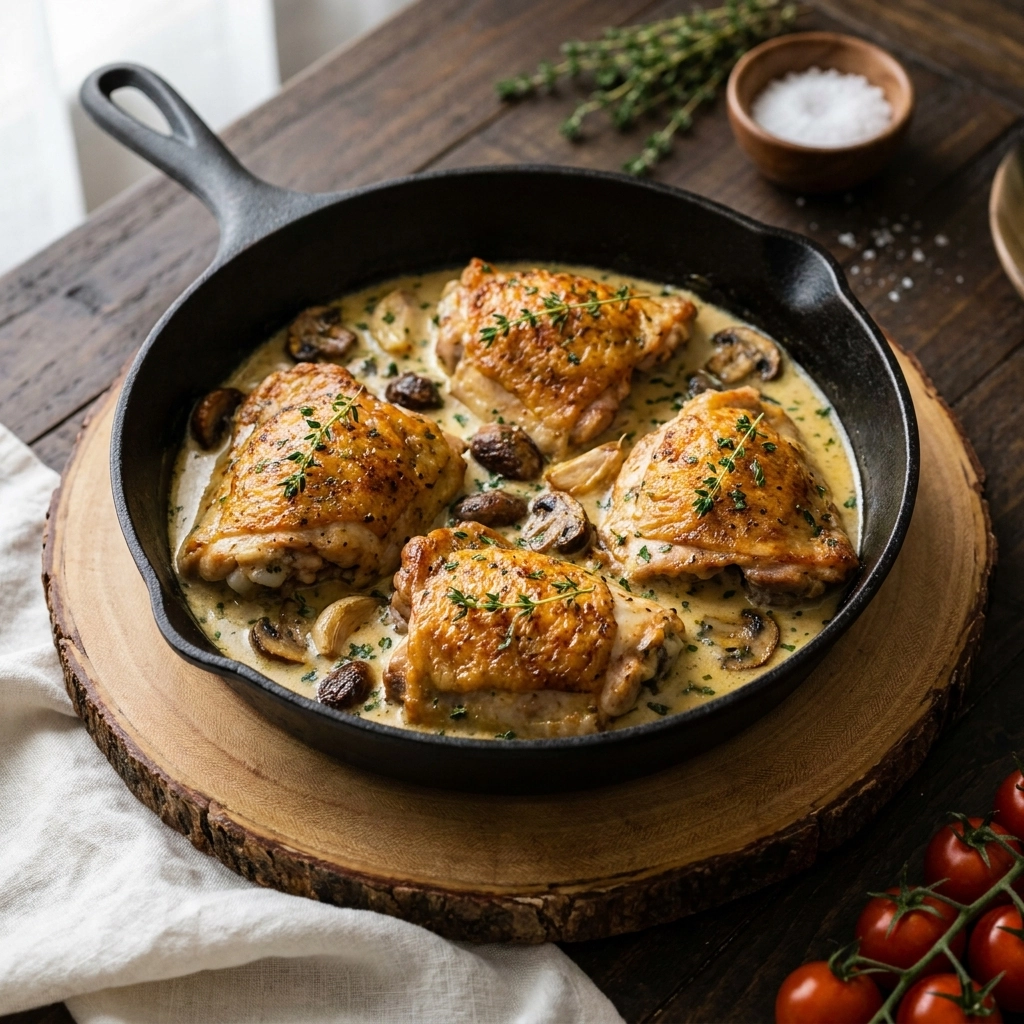 Herb Roasted Chicken in Creamy White Sauce with Mushrooms and Potatoes | Easy One Pan Dinner
