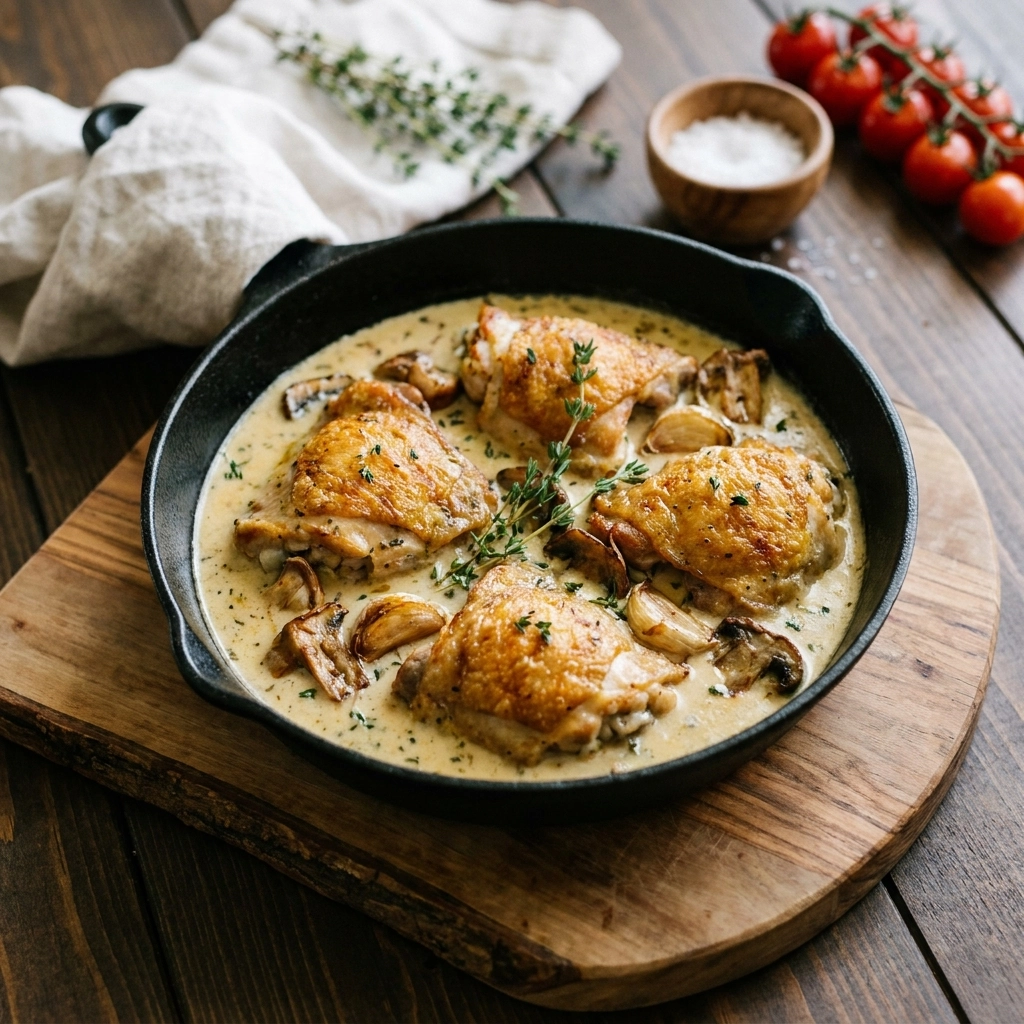 Herb Roasted Chicken in Creamy White Sauce with Mushrooms and Potatoes | Easy One Pan Dinner