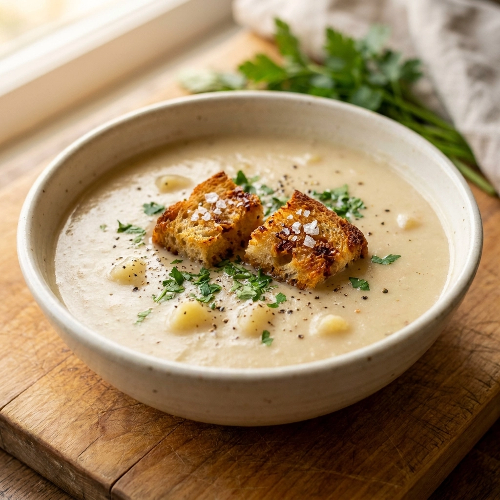 Roasted Garlic Potato Soup with Chili Crisp Croutons: A Bowl of Comfort | Cozy Winter Soup