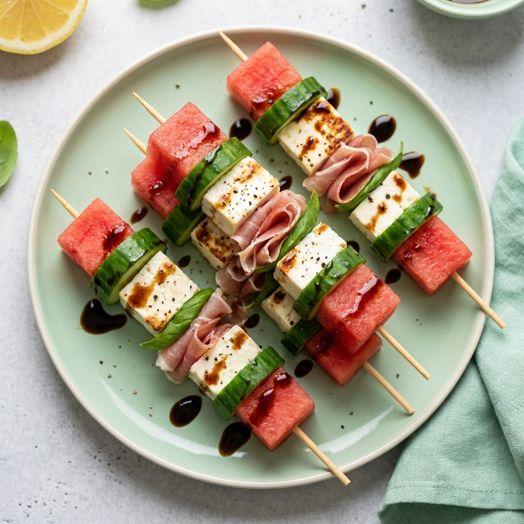 Salty and Sweet Watermelon Feta Skewers with Balsamic Glaze | Easy Summer Appetizer