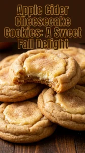 Soft apple cider cookies topped with a creamy cheesecake frosting swirl and a sprinkle of cinnamon on a plate.