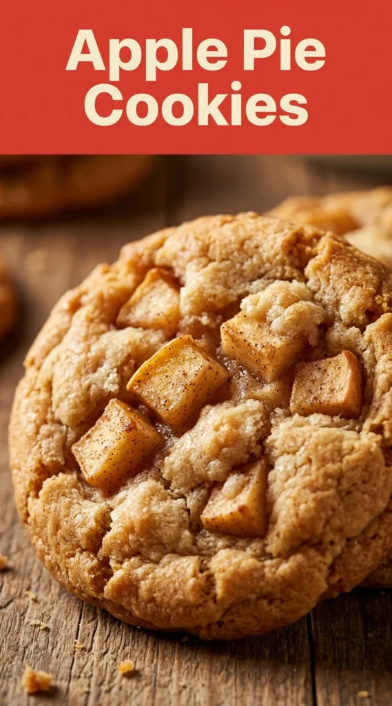 Soft sugar cookies topped with spiced apple pie filling and a drizzle of icing on a rustic baking sheet.