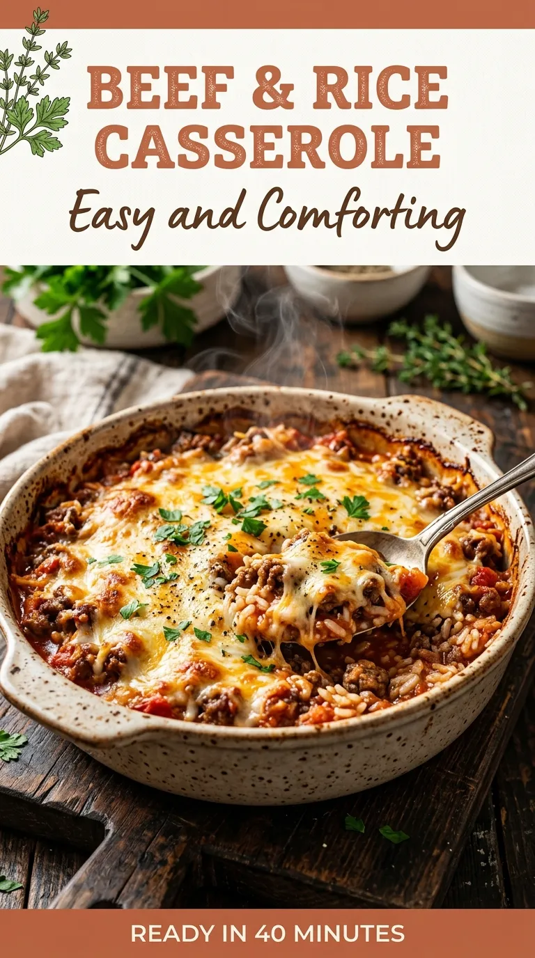 Cheesy beef and rice casserole in a baking dish, topped with melted golden cheese and fresh parsley garnish.