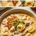 A bowl of creamy chicken alfredo tortellini soup with sliced carrots and fresh parsley garnish on a rustic table.