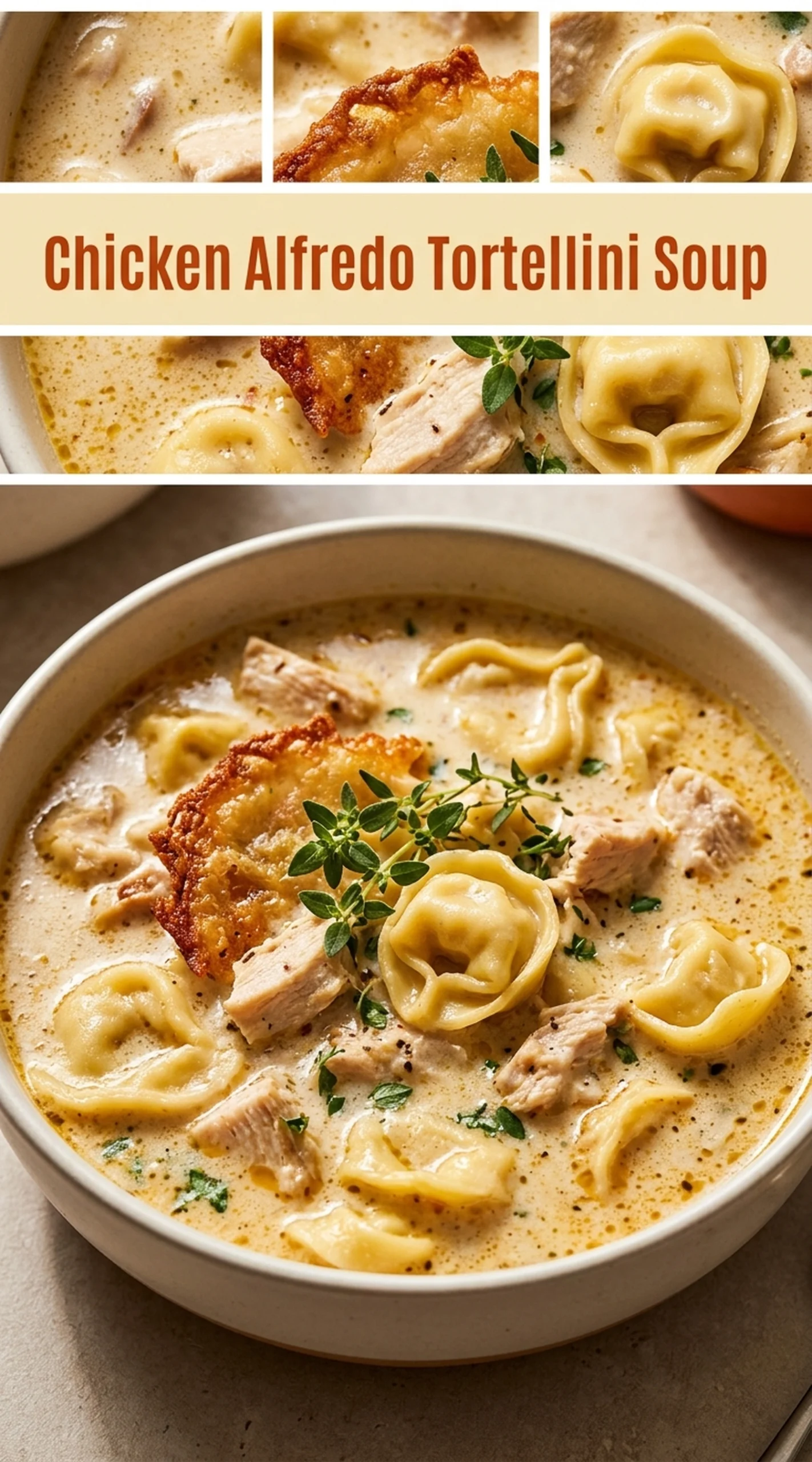 A bowl of creamy chicken alfredo tortellini soup with sliced carrots and fresh parsley garnish on a rustic table.