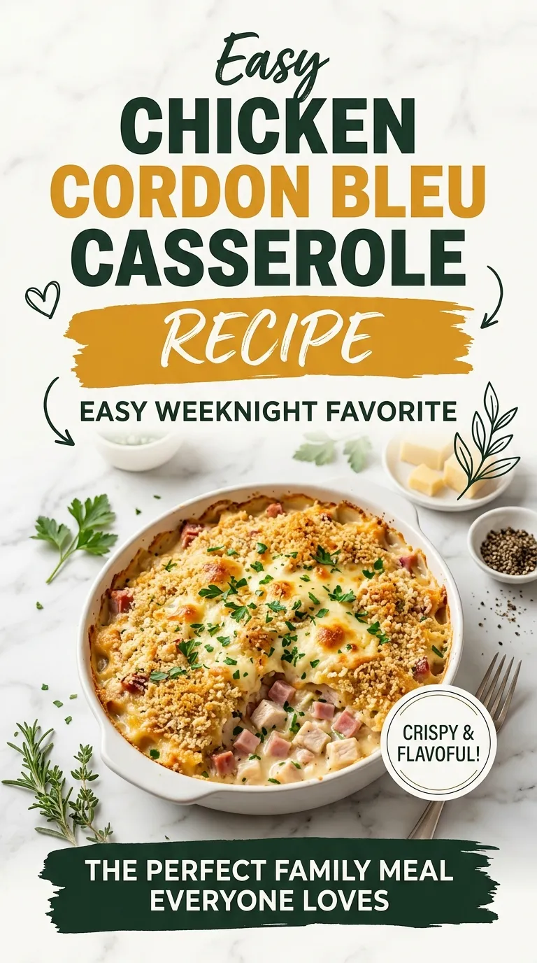 Creamy chicken cordon bleu casserole in a baking dish, topped with melted golden-brown cheese and fresh parsley garnish.