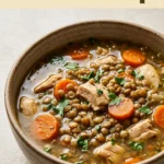 A bowl of hearty chicken lentil soup with carrots and celery, garnished with fresh parsley on a wooden table.