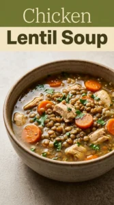 A bowl of hearty chicken lentil soup with carrots and celery, garnished with fresh parsley on a wooden table.