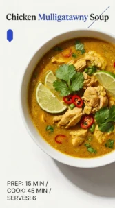 A bowl of golden yellow chicken mulligatawny soup topped with fresh cilantro and served with a side of naan.