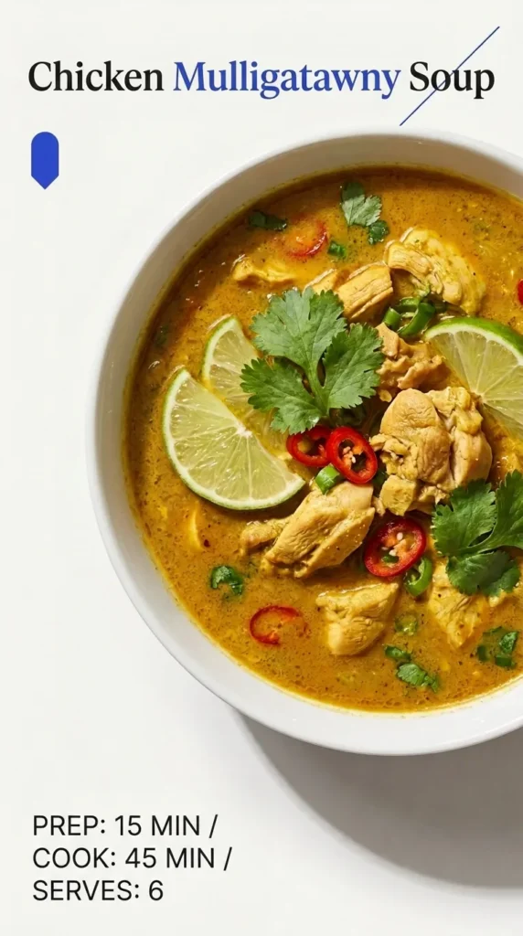 A bowl of golden yellow chicken mulligatawny soup topped with fresh cilantro and served with a side of naan.
