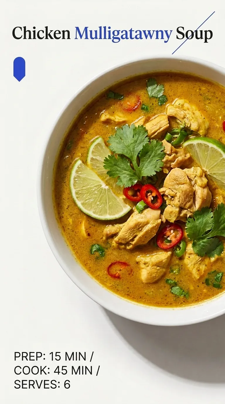 A bowl of golden yellow chicken mulligatawny soup topped with fresh cilantro and served with a side of naan.