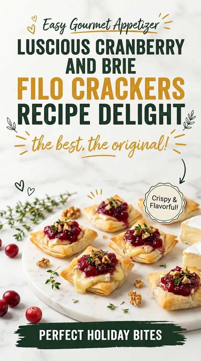 Small rectangular filo pastry crackers topped with melted brie cheese and a tart cranberry garnish on a platter.