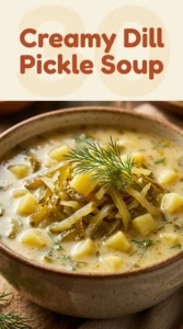 A bowl of creamy pale green dill pickle soup garnished with fresh dill and sliced pickles on a rustic tabletop.