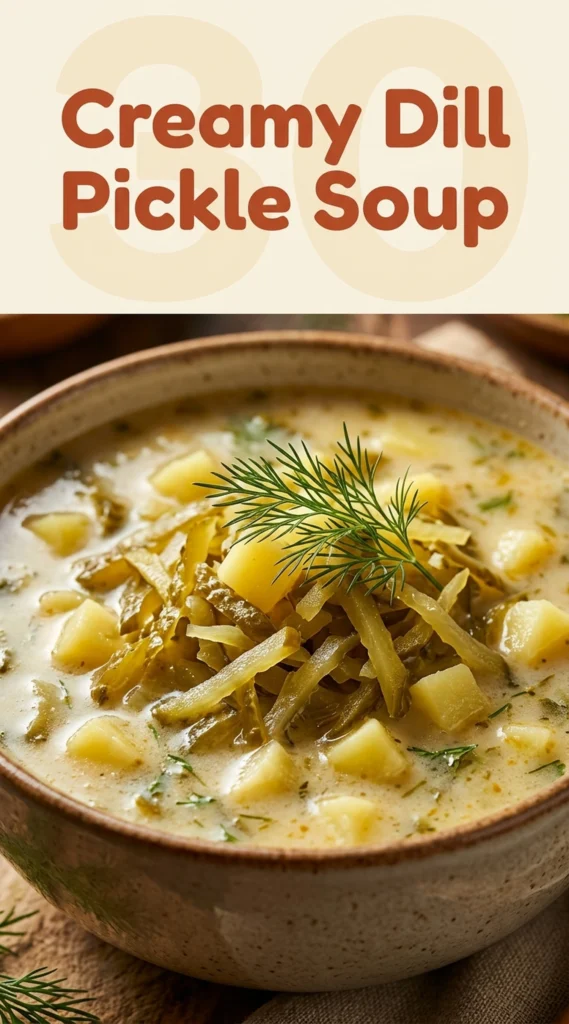 A bowl of creamy pale green dill pickle soup garnished with fresh dill and sliced pickles on a rustic tabletop.