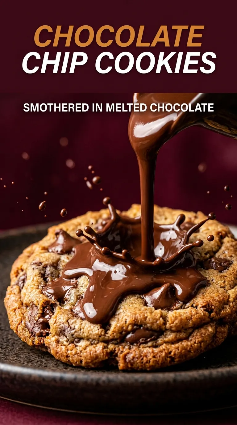 A stack of golden brown chocolate chip cookies with melted chocolate pools and crisp edges on a cooling rack.