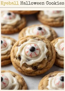 Round sugar cookies topped with white frosting, a blue iris, and a black pupil to look like eyeballs.