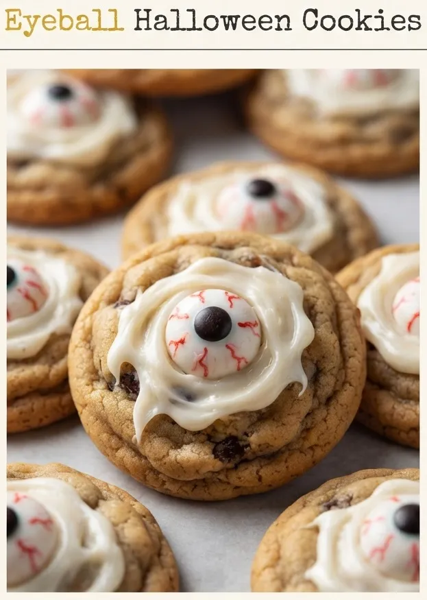 Round sugar cookies topped with white frosting, a blue iris, and a black pupil to look like eyeballs.