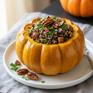 Cozy Roasted Pumpkin Stuffed with Wild Rice & Sausage | Fall Dinner Ideas