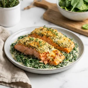 Creamy Spinach Parmesan Salmon Bake | Easy Healthy Dinner Idea