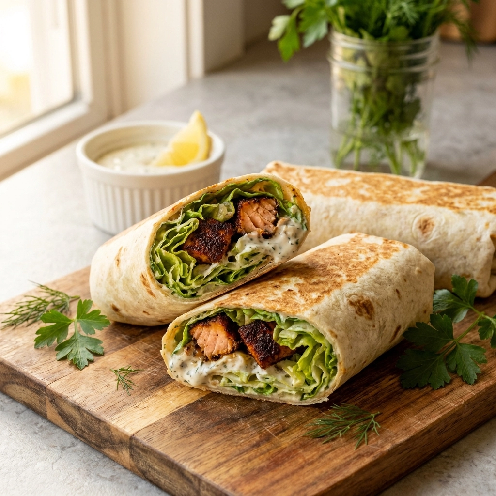 Blackened Salmon Caesar Wraps | Healthy High Protein Lunch Idea