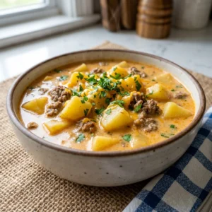 The Ultimate Cheesy Hamburger Potato Soup Recipe | Comforting Ground Beef Soup