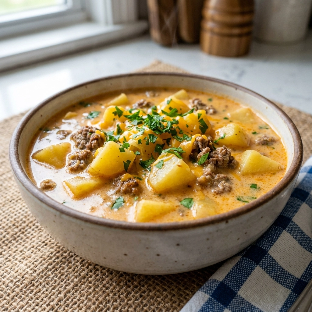 The Ultimate Cheesy Hamburger Potato Soup Recipe | Comforting Ground Beef Soup