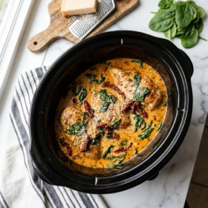 Slow Cooker Tuscan Chicken with Sun-Dried Tomatoes and Spinach | Easy Dinner Idea