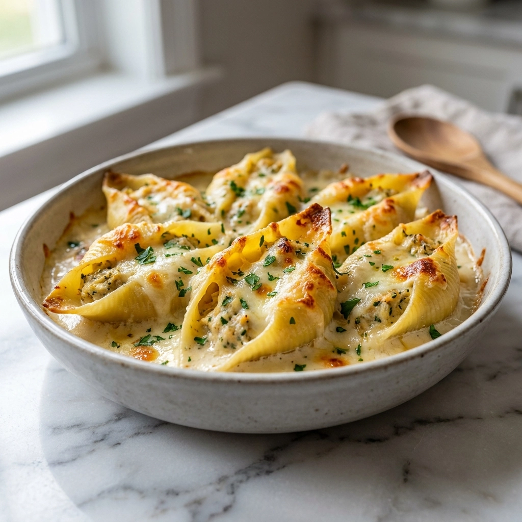 Creamy Crab Stuffed Shells with Garlic Alfredo Sauce | Seafood Pasta Dinner Idea