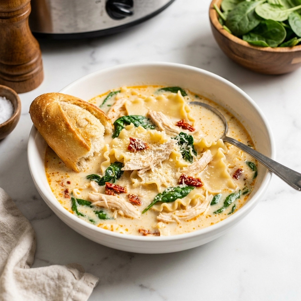 Slow Cooker White Chicken Lasagna Soup | Creamy Comfort Food Dinner Idea