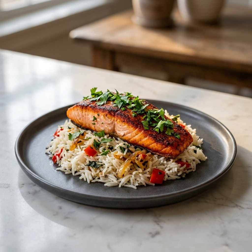 Honey Cajun Salmon Rice Skillet | Easy One Pan Salmon and Rice Dinner