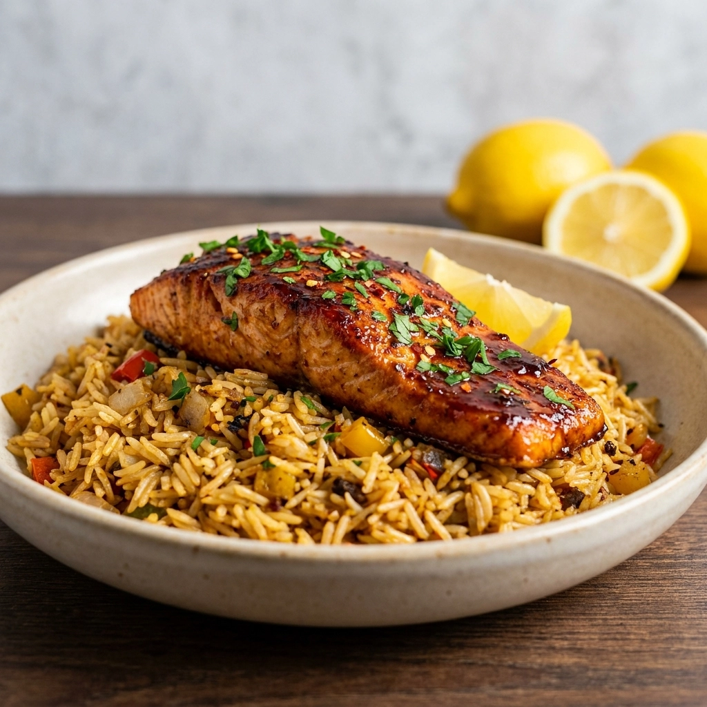 Honey Cajun Salmon Rice Skillet | Easy One Pan Salmon and Rice Dinner