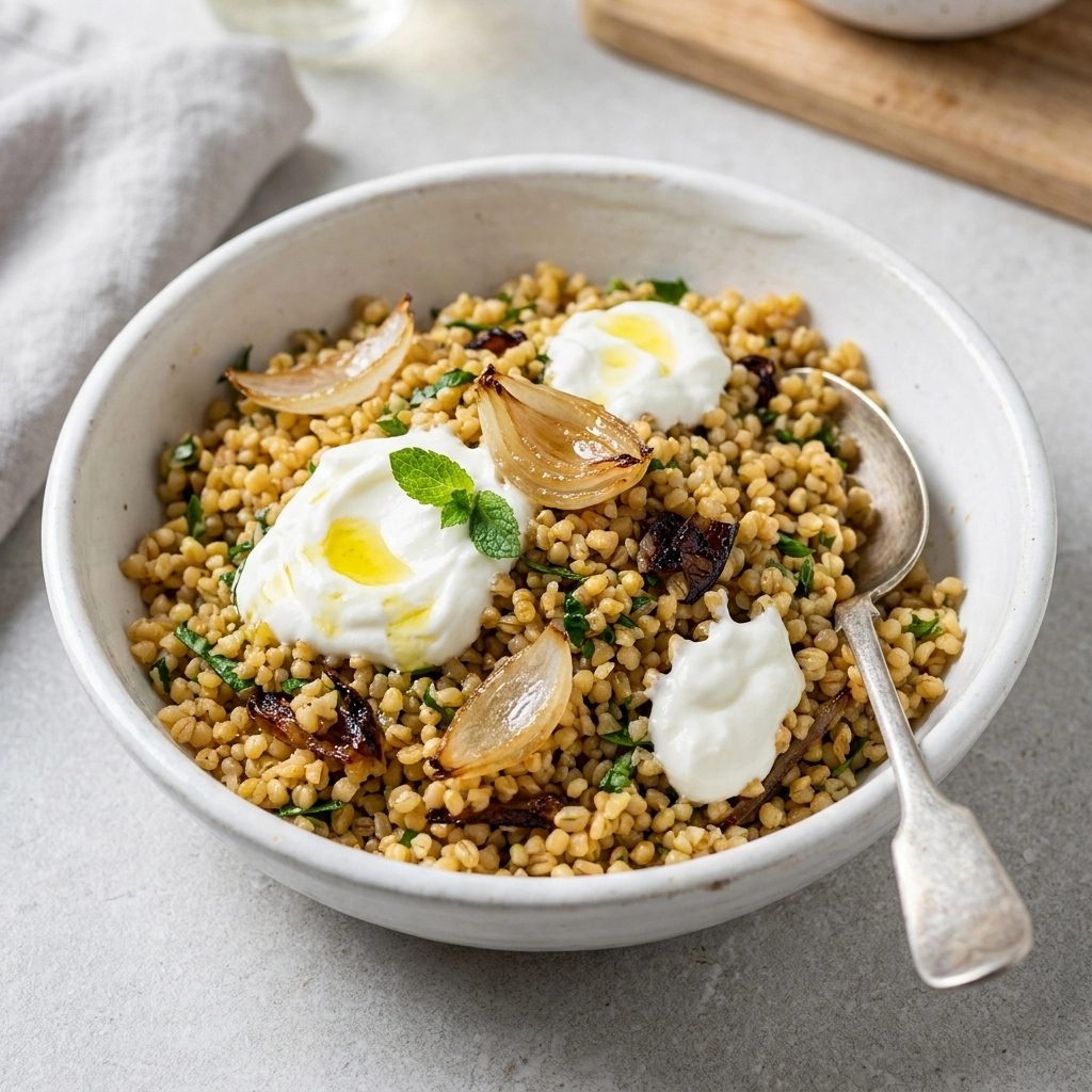Mujaddarat Bulgur with Cucumber Mint Yogurt Recipe | Healthy Middle Eastern Lentils