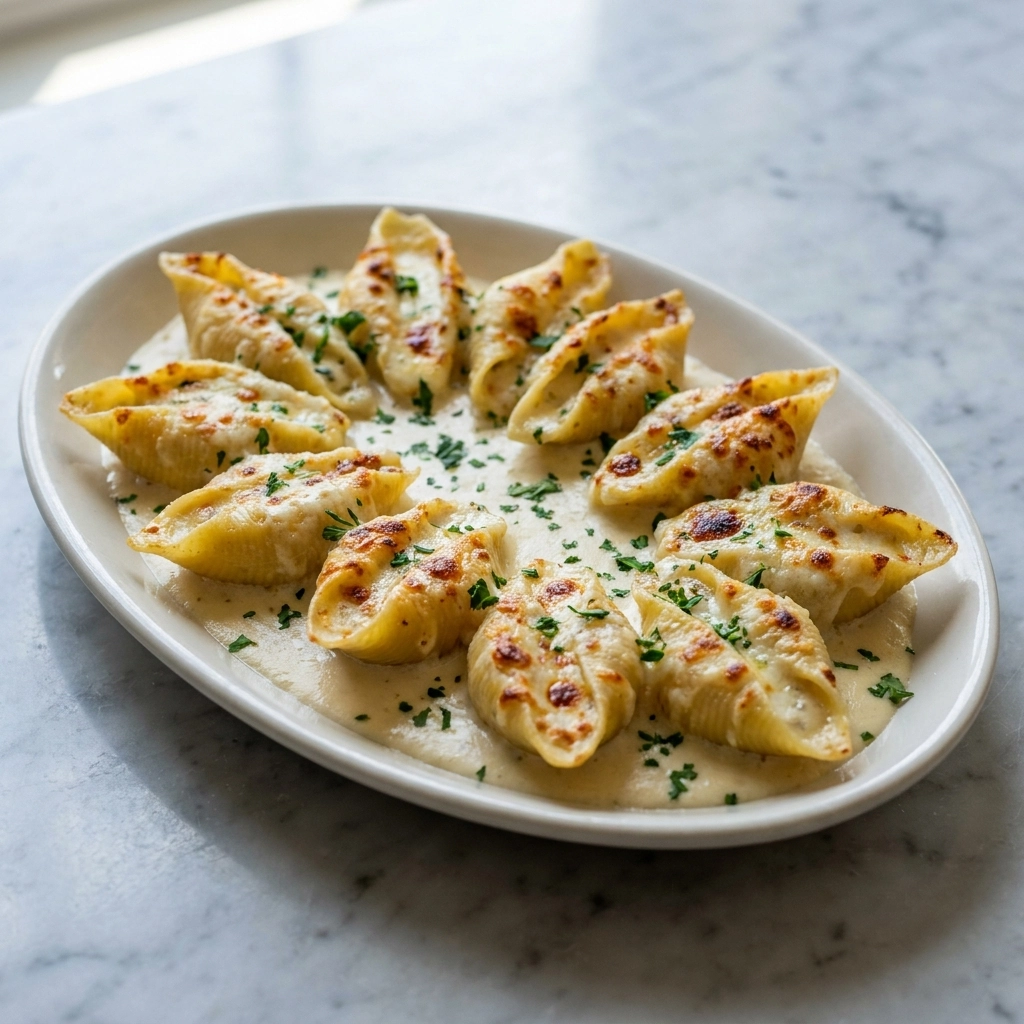 Creamy Crab Stuffed Shells with Garlic Alfredo Sauce | Seafood Pasta Dinner Idea