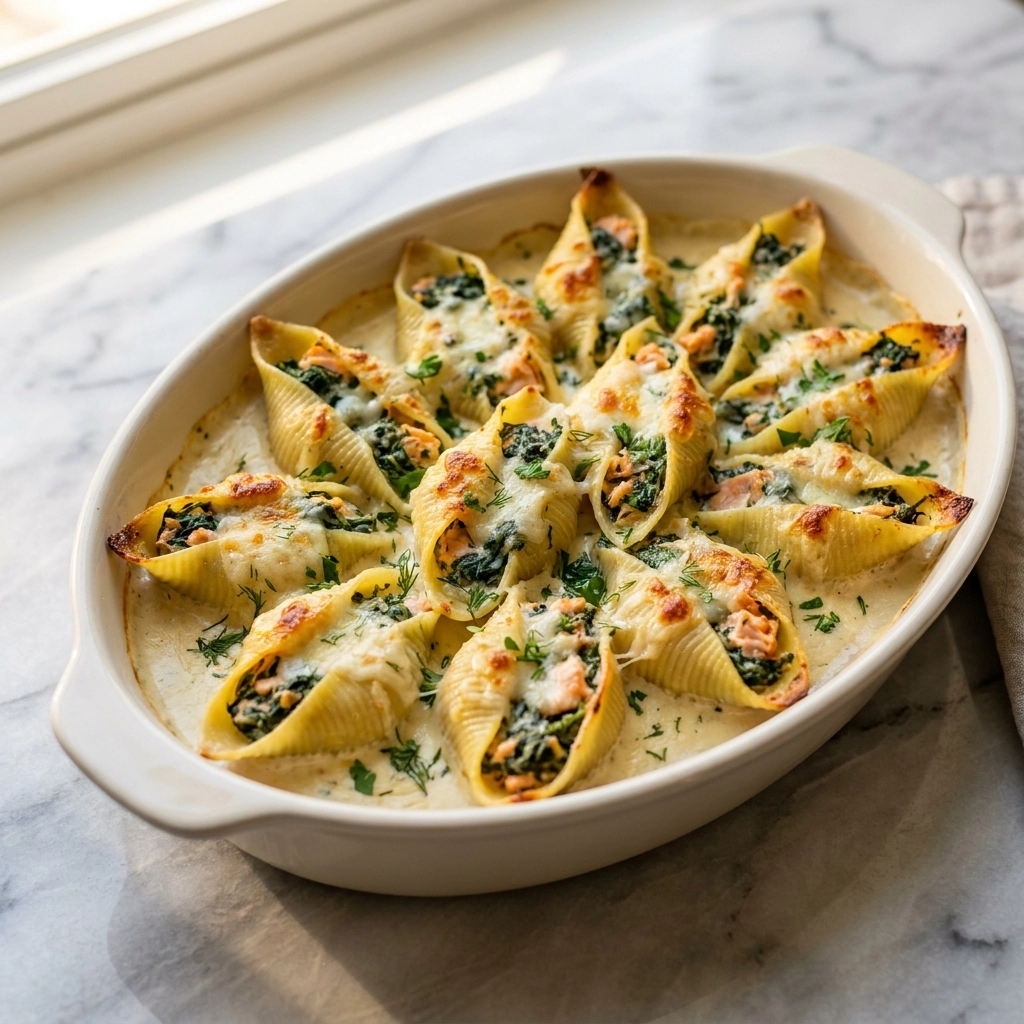 Creamy Spinach Salmon Stuffed Shells | Easy Gourmet Seafood Pasta Dinner