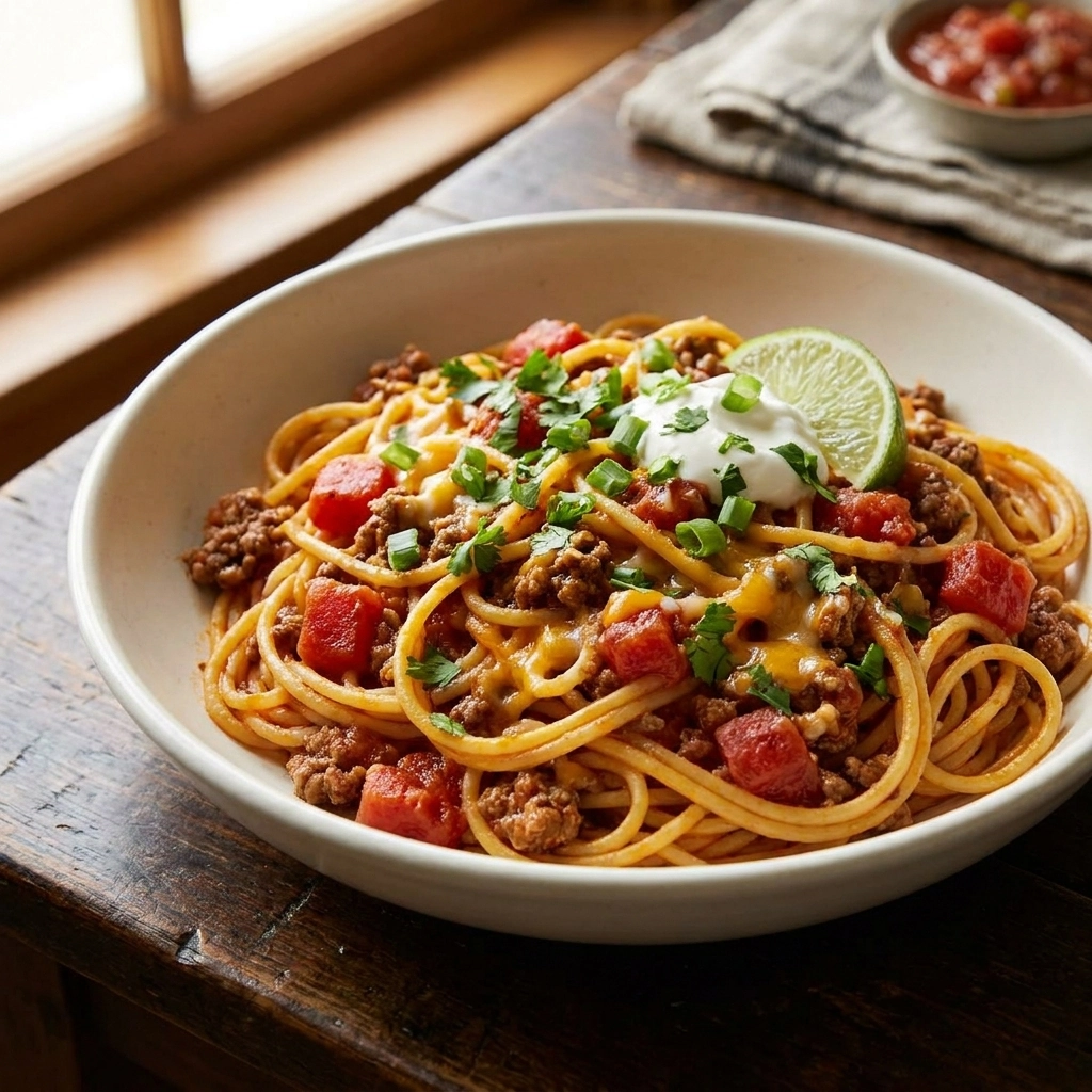 Cheesy Crockpot Taco Spaghetti for Effortless Dinners | Slow Cooker Taco Pasta