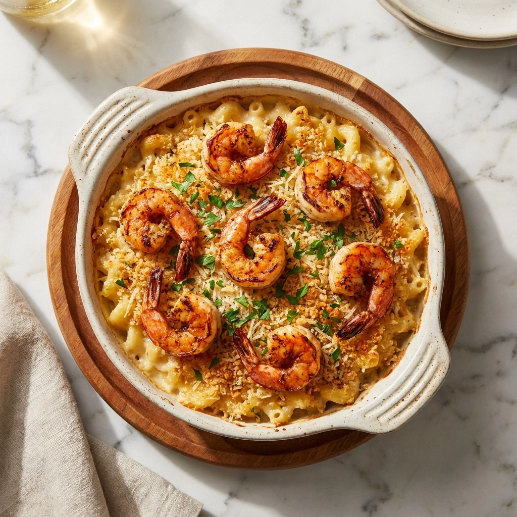 Parmesan Crusted Shrimp Mac Bake | Cheesy Seafood Pasta Casserole Recipe