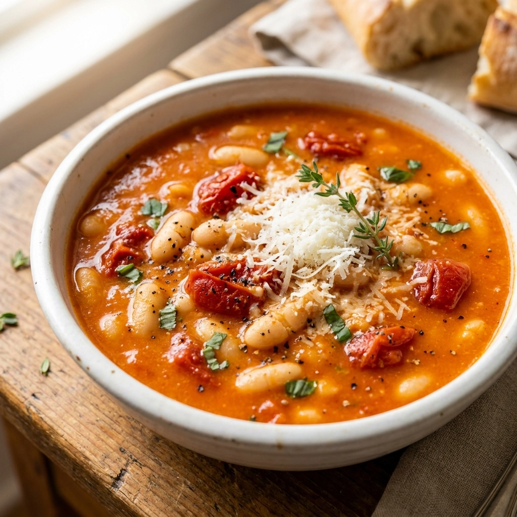 Parmesan Tomato Cannellini Bean Soup Recipe | Healthy White Bean Soup