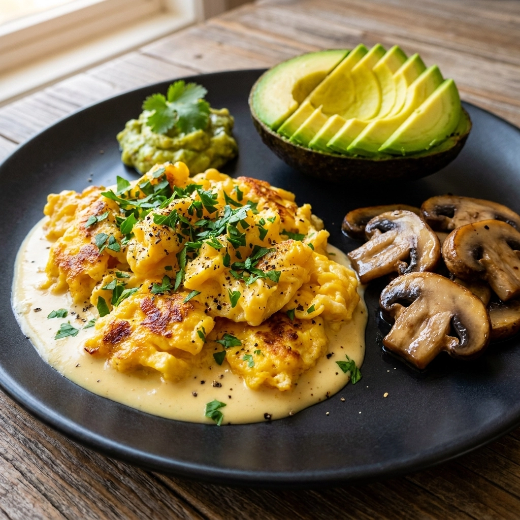 Keto Breakfast Plate: Creamy Scrambled Eggs & Avocado | Low Carb Breakfast Ideas