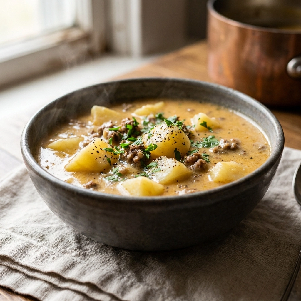 The Ultimate Cheesy Hamburger Potato Soup Recipe | Comforting Ground Beef Soup